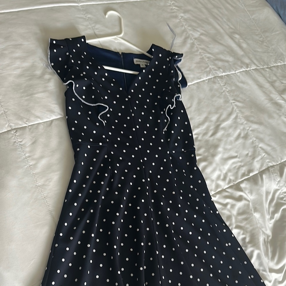 Navy Polka Dot Dress with Ruffle Sleeves